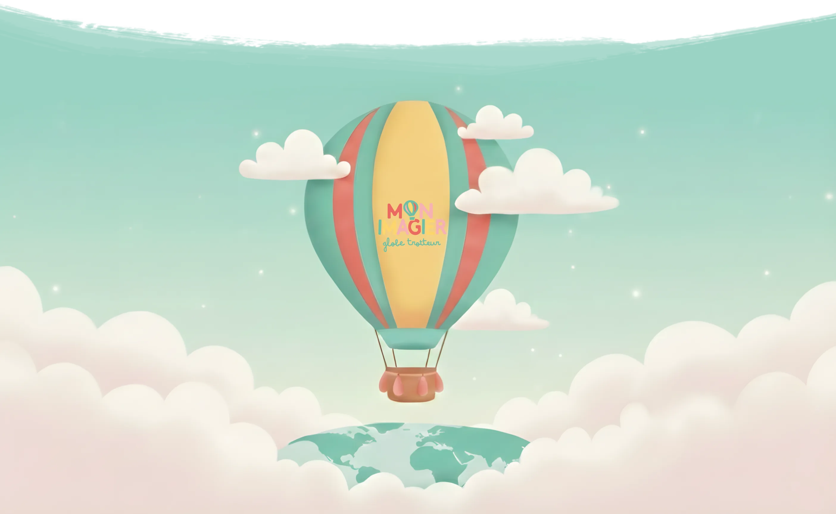 Montgolfière colorée survolant un monde de nuages et de feuillage